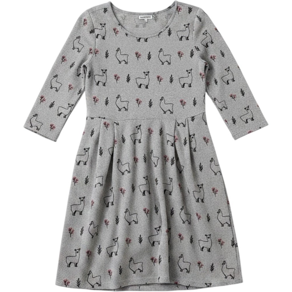 L.A. Soul Llama Print Dress M Gray Long Sleeve Pleated Fit & Flare Whimsical